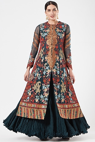 Blue Chanderi Jacket Set by Debyani