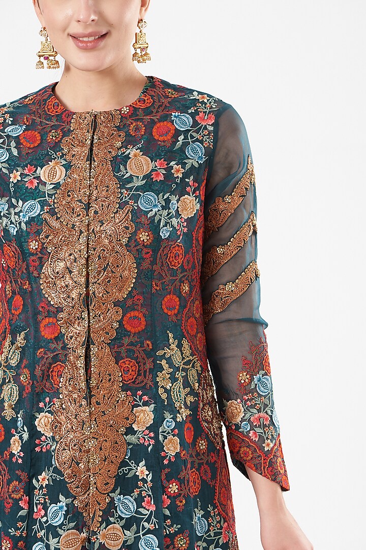 Blue Chanderi Jacket Set by Debyani at Pernia's Pop Up Shop