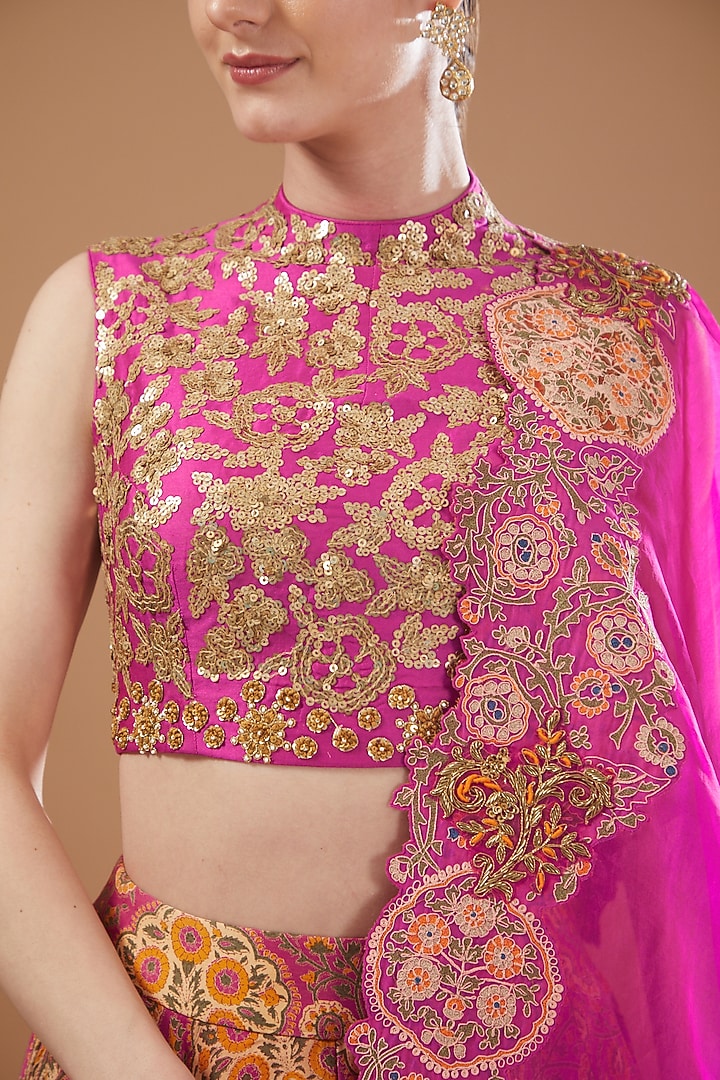 Pink Chanderi & Organza Printed Wedding Lehenga Set by Debyani at Pernia's Pop Up Shop