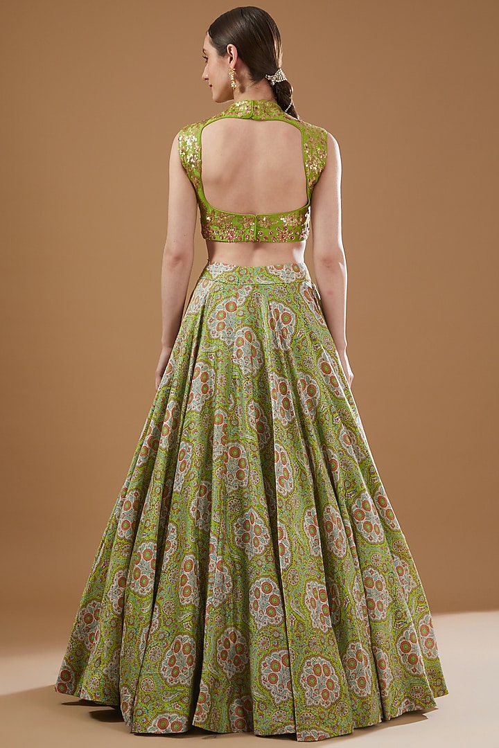 Green Chanderi & Organza Printed Wedding Lehenga Set by Debyani at Pernia's Pop Up Shop