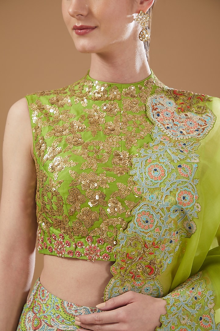 Green Chanderi & Organza Printed Wedding Lehenga Set by Debyani at Pernia's Pop Up Shop
