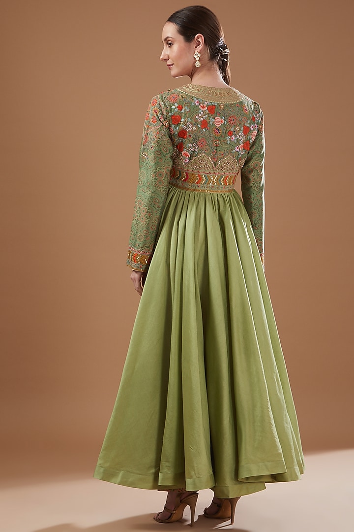Green Chanderi Embroidered Tunic Set by Debyani at Pernia's Pop Up Shop