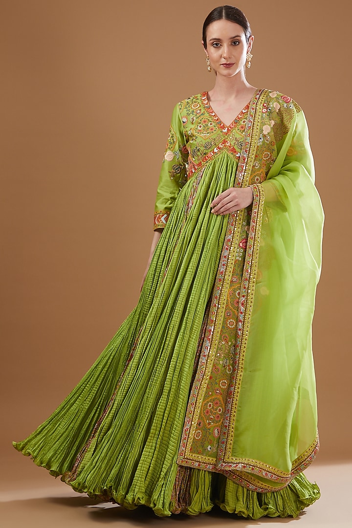 Green Chanderi Embroidered Anarkali Set by Debyani at Pernia's Pop Up Shop