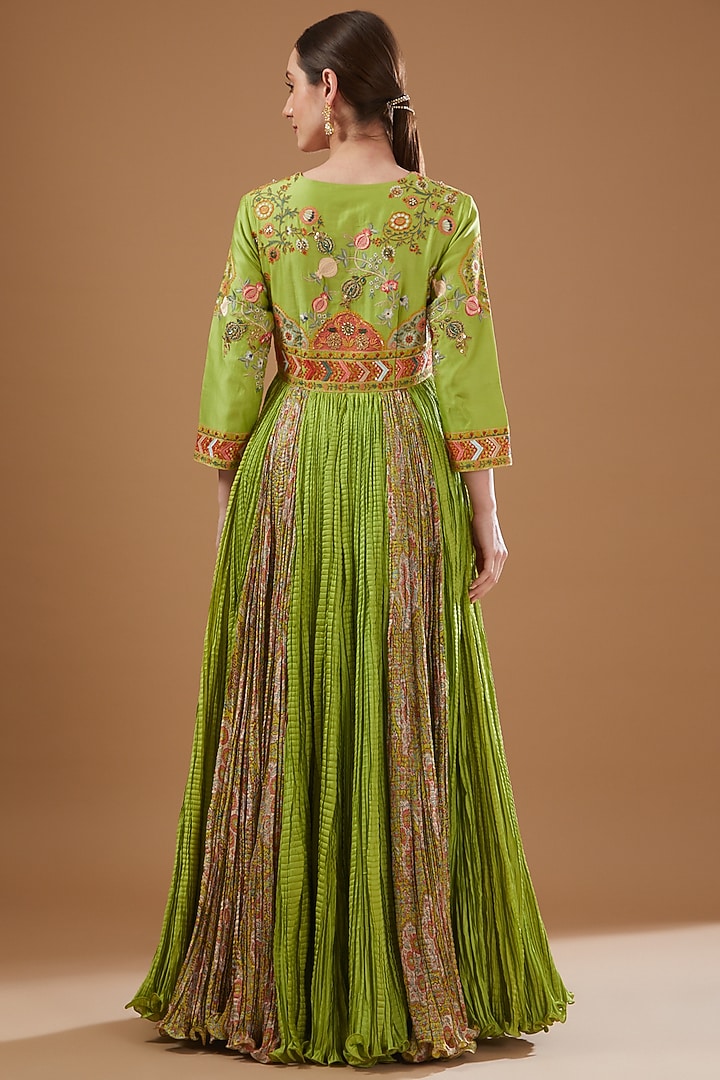 Green Chanderi Embroidered Bridal Anarkali Set by Debyani at Pernia's Pop Up Shop