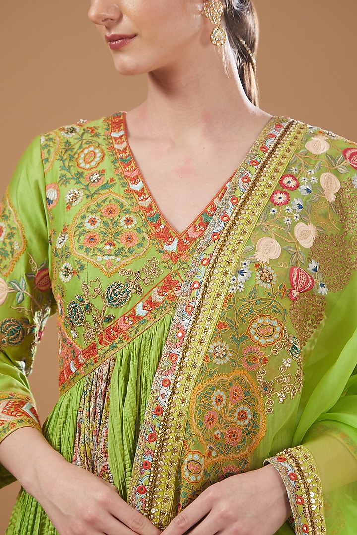 Green Chanderi Embroidered Bridal Anarkali Set by Debyani at Pernia's Pop Up Shop