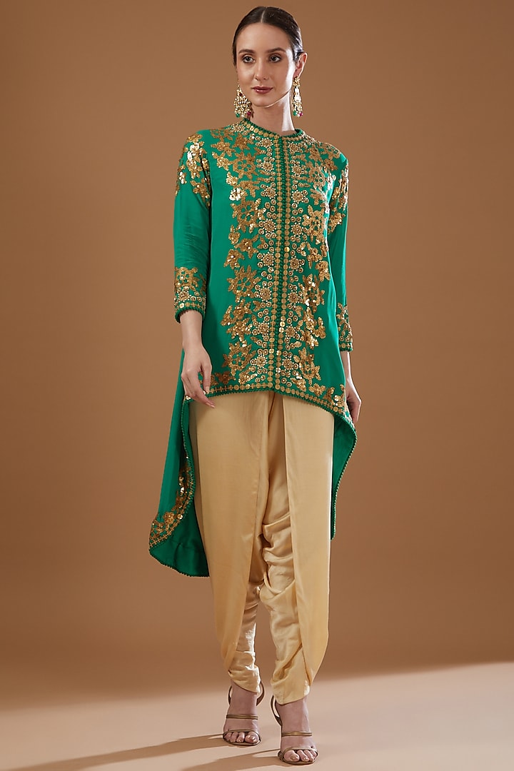 Green Georgette Embroidered Jacket Set by Debyani