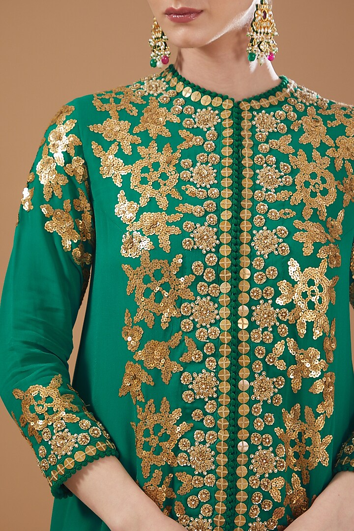 Green Georgette Embroidered Jacket Set by Debyani at Pernia's Pop Up Shop