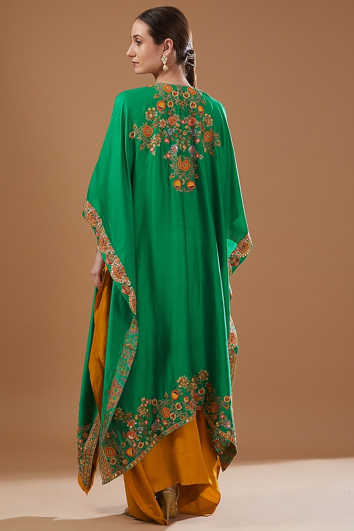 Orange Dupion Silk Embroidered Kaftan With Cape by Debyani at Pernia's Pop Up Shop