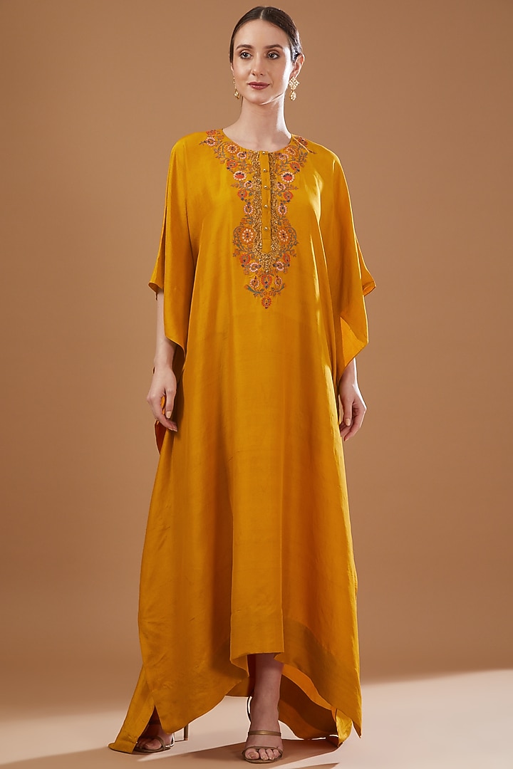 Orange Dupion Silk Embroidered Kaftan With Cape by Debyani at Pernia's Pop Up Shop