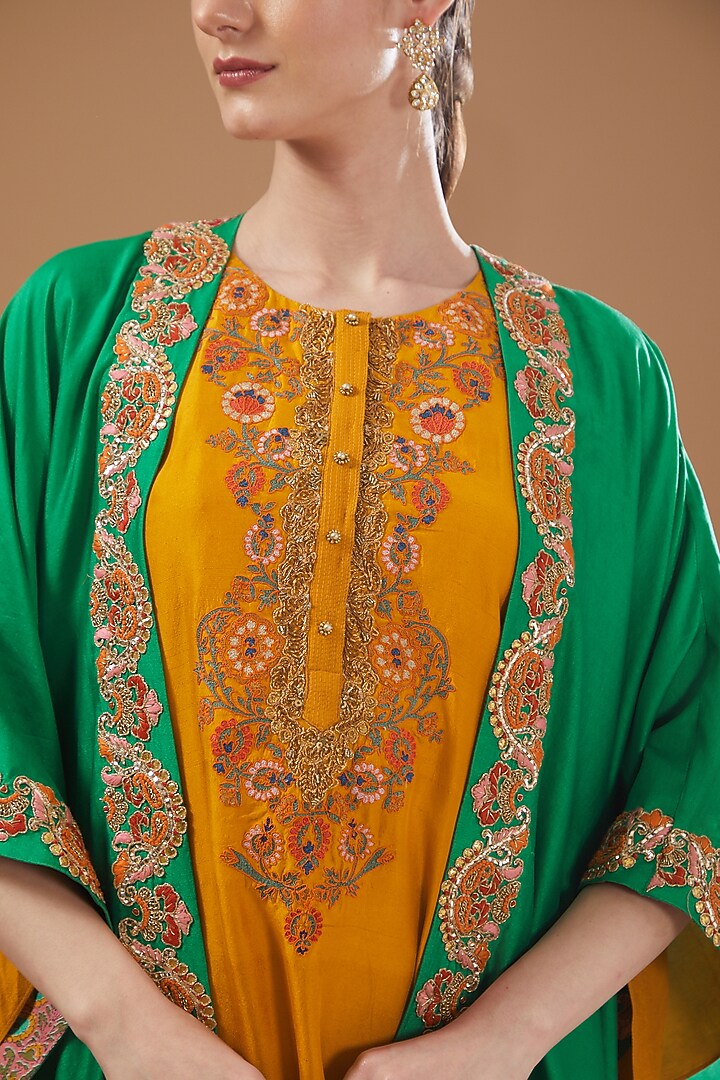 Orange Dupion Silk Embroidered Kaftan With Cape by Debyani at Pernia's Pop Up Shop