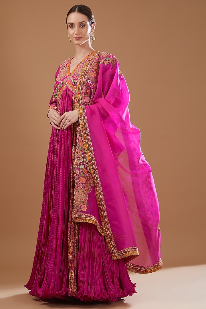 Pink Chanderi Embroidered Anarkali Set by Debyani