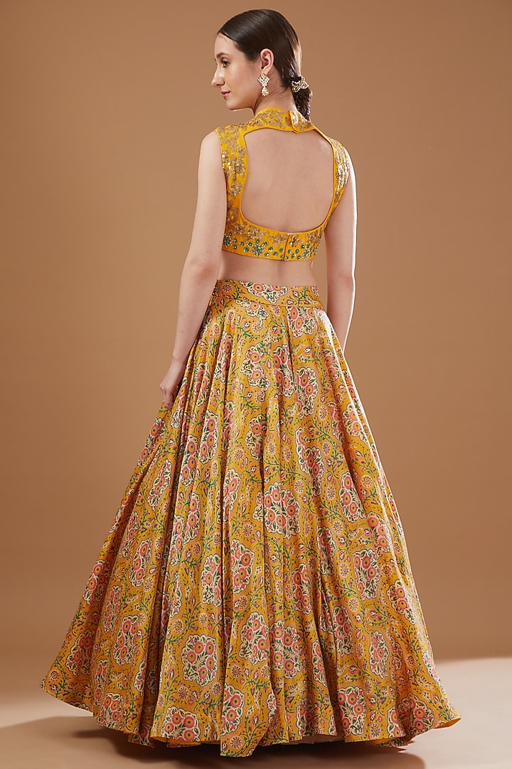 Yellow Chanderi Printed Wedding Lehenga Set by Debyani at Pernia's Pop Up Shop