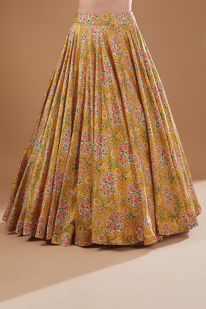 Yellow Chanderi Printed Wedding Lehenga Set by Debyani at Pernia's Pop Up Shop