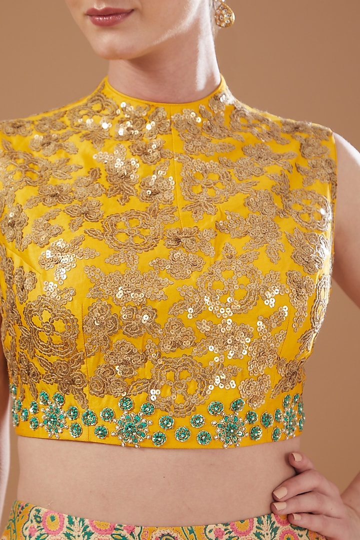 Yellow Chanderi Printed Wedding Lehenga Set by Debyani at Pernia's Pop Up Shop