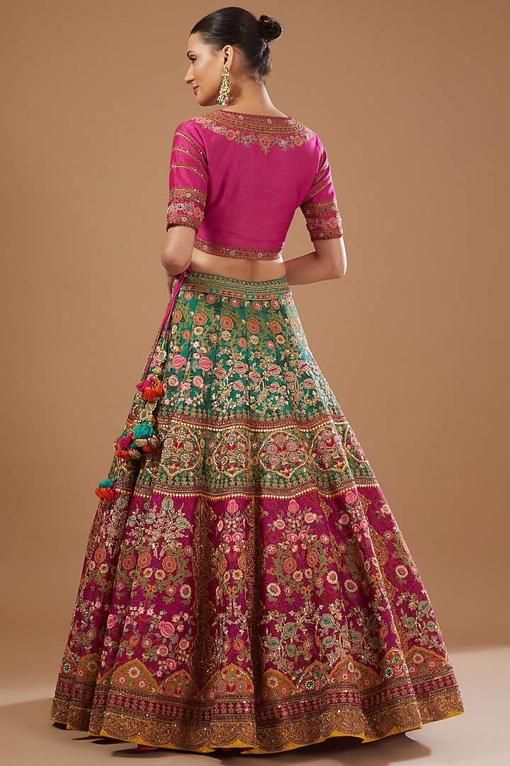 Green Chanderi Embroidered Bridal Lehenga Set by Debyani at Pernia's Pop Up Shop