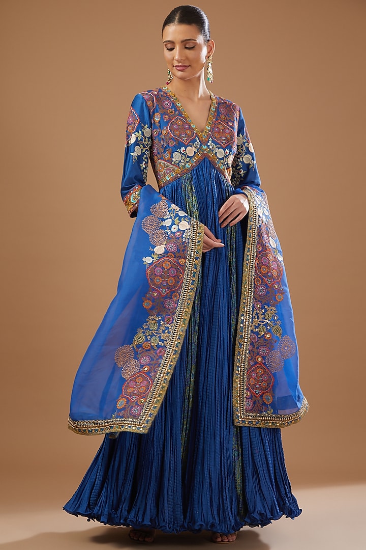 Blue Chanderi Embroidered Bridal Anarkali Set by Debyani at Pernia's Pop Up Shop
