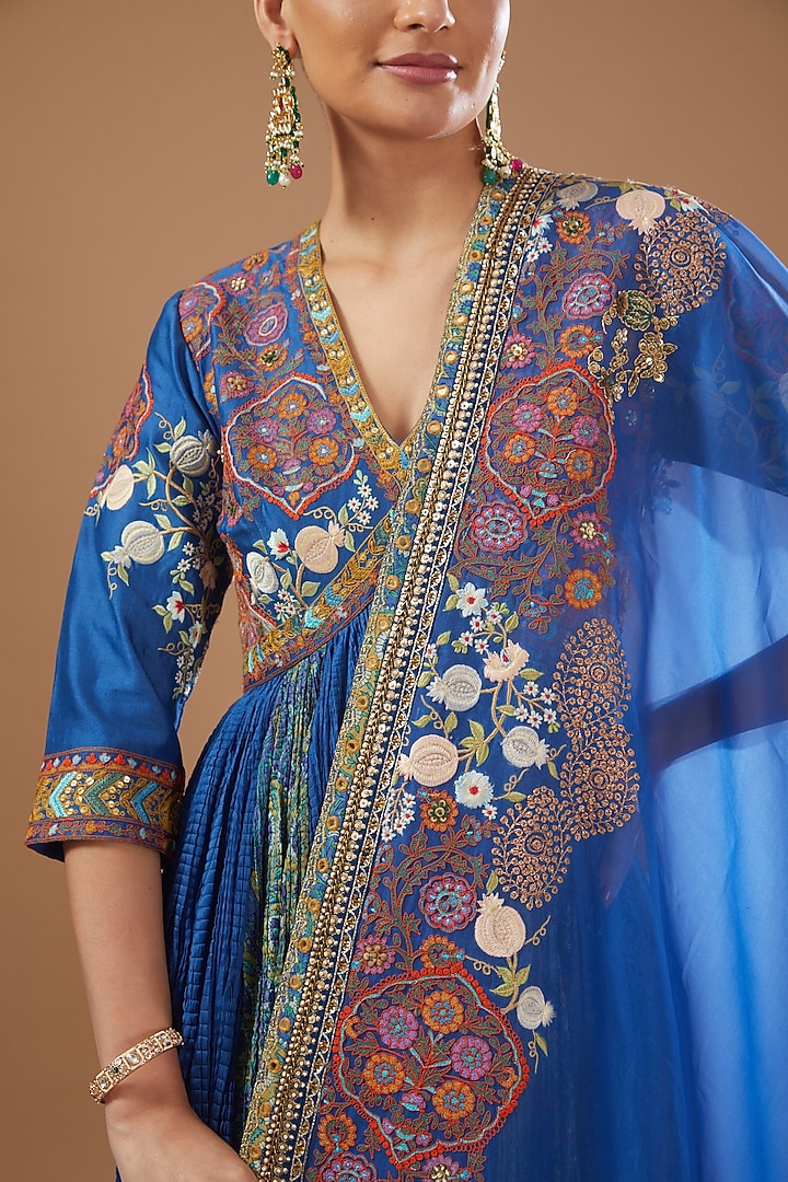 Blue Chanderi Embroidered Bridal Anarkali Set by Debyani at Pernia's Pop Up Shop