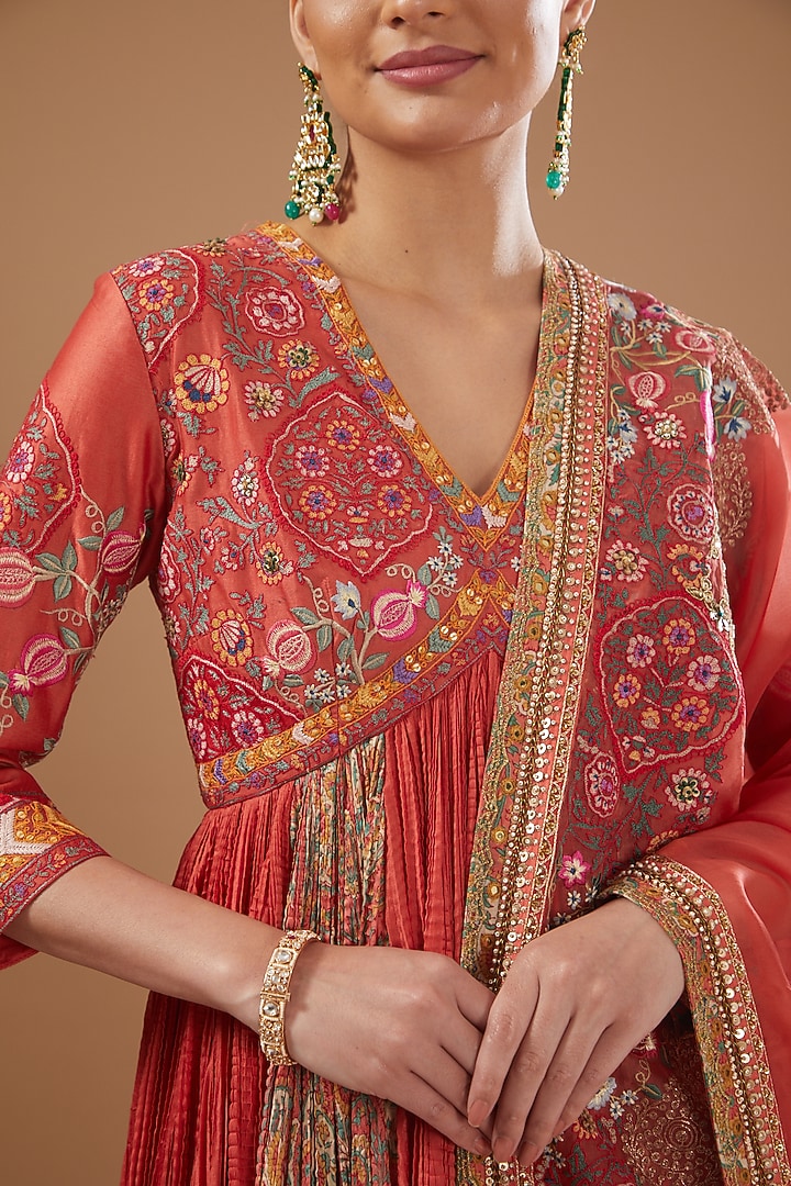 Red Chanderi Embroidered Bridal Anarkali Set by Debyani at Pernia's Pop Up Shop