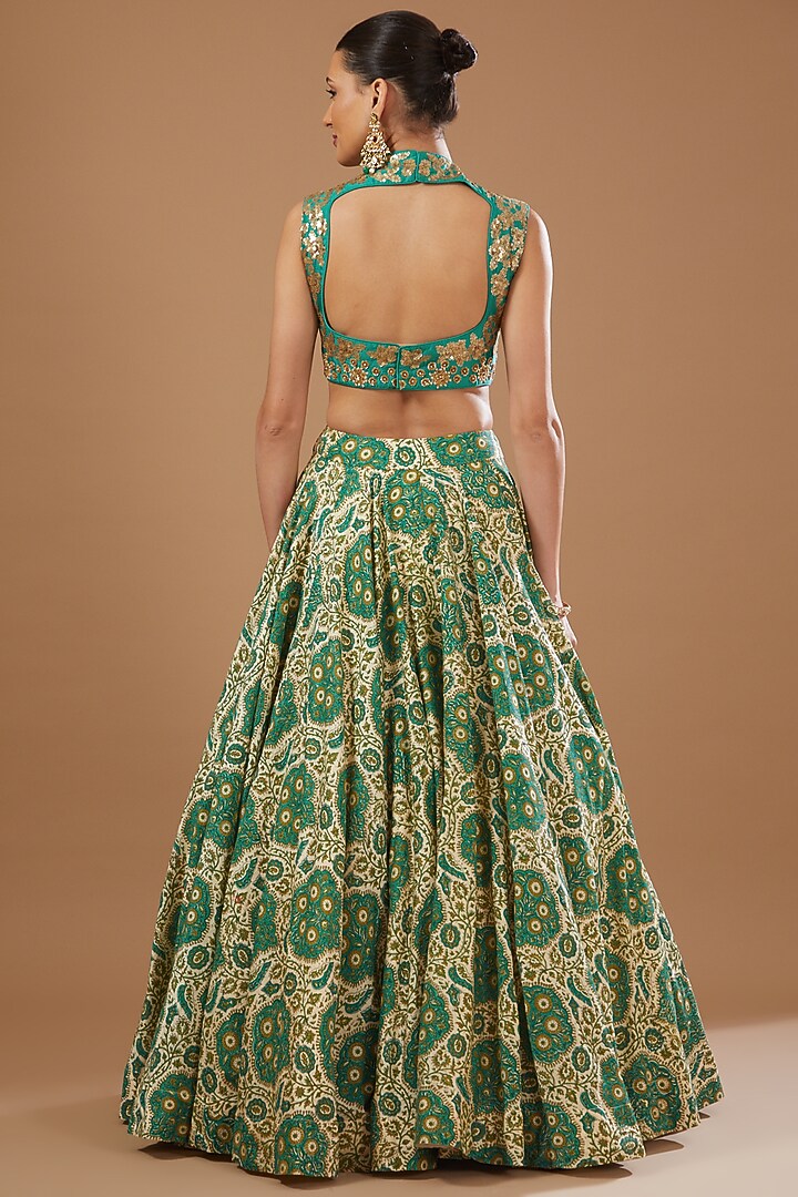 Blue Chanderi Printed Wedding Lehenga Set by Debyani at Pernia's Pop Up Shop