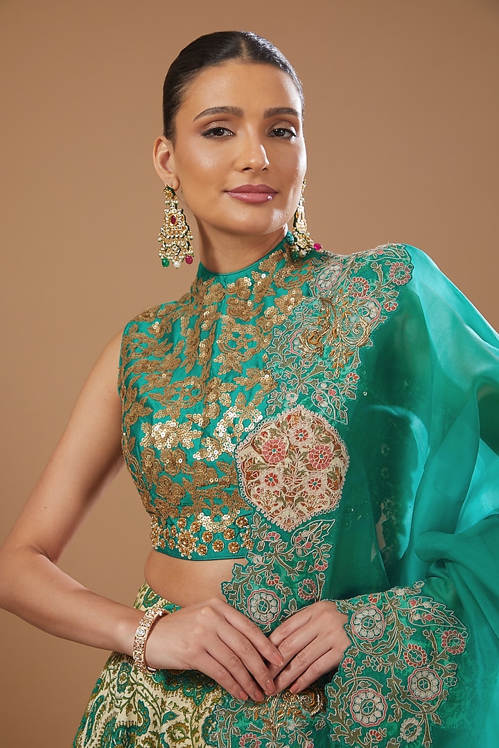 Blue Chanderi Printed Wedding Lehenga Set by Debyani at Pernia's Pop Up Shop