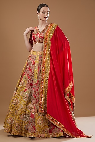 Red & Yellow Chanderi Printed Lehenga Set by Debyani
