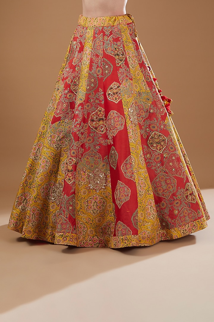 Red & Yellow Chanderi Printed Bridal Lehenga Set by Debyani at Pernia's Pop Up Shop