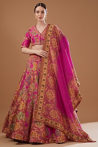 Pink Chanderi Embroidered & Printed Lehenga Set by Debyani