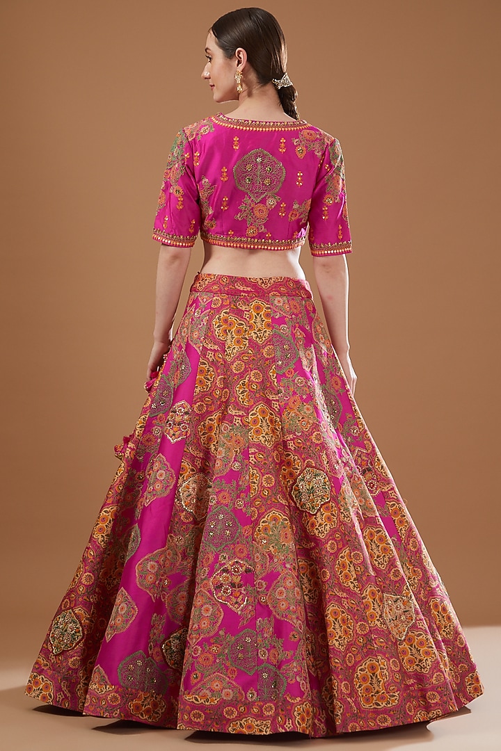 Pink Chanderi Embroidered & Printed Bridal Lehenga Set by Debyani at Pernia's Pop Up Shop