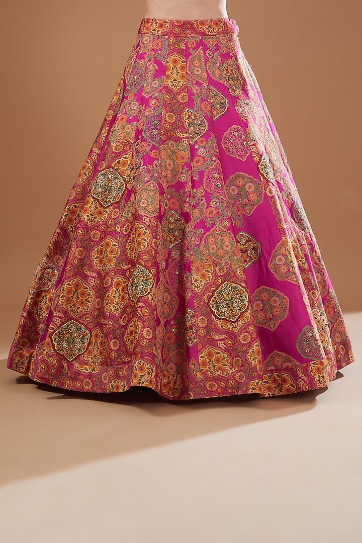 Pink Chanderi Embroidered & Printed Bridal Lehenga Set by Debyani at Pernia's Pop Up Shop