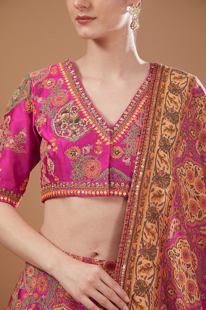 Pink Chanderi Embroidered & Printed Bridal Lehenga Set by Debyani at Pernia's Pop Up Shop