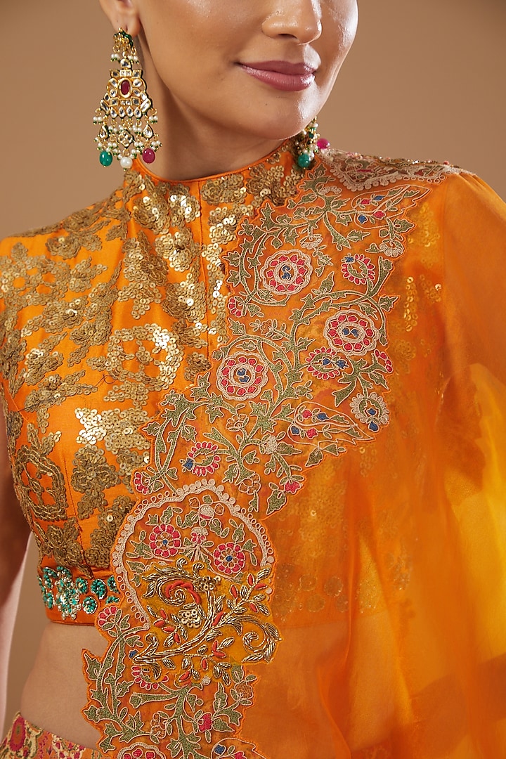 Orange Chanderi Printed Wedding Lehenga Set by Debyani at Pernia's Pop Up Shop