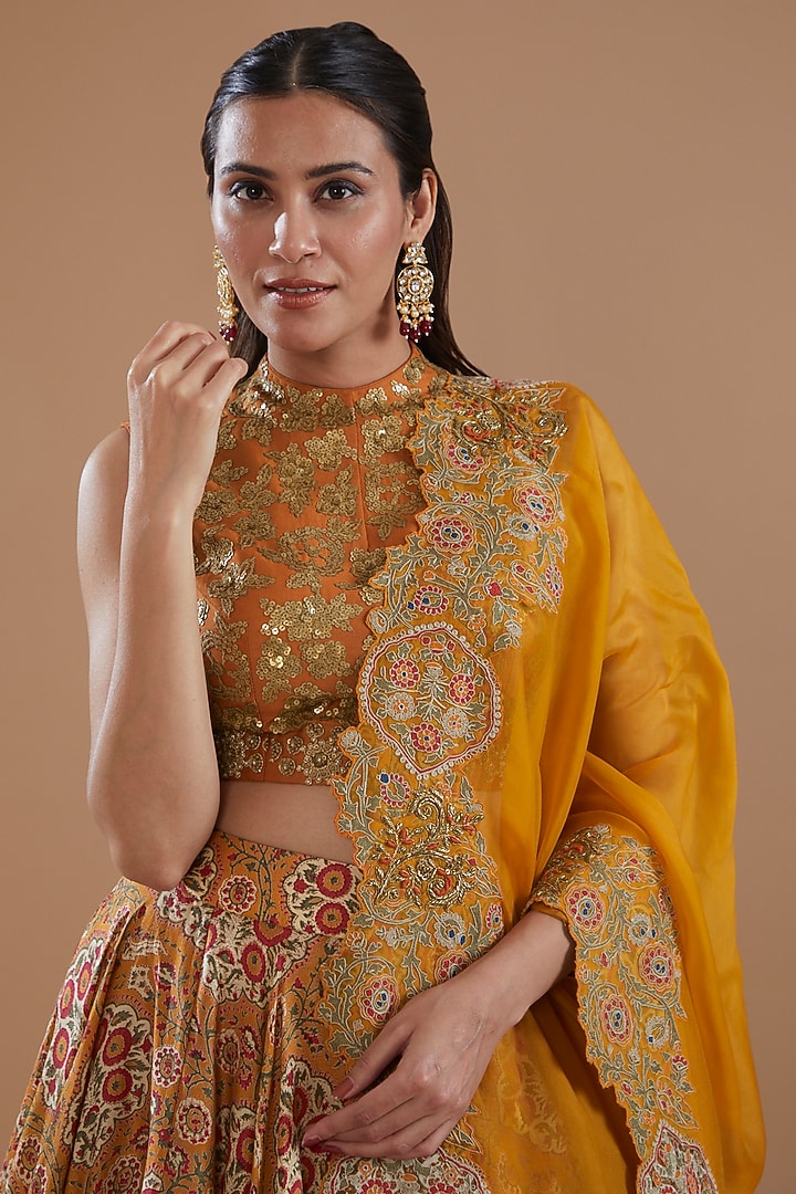 Orange Chanderi Printed Wedding Lehenga Set by Debyani at Pernia's Pop Up Shop