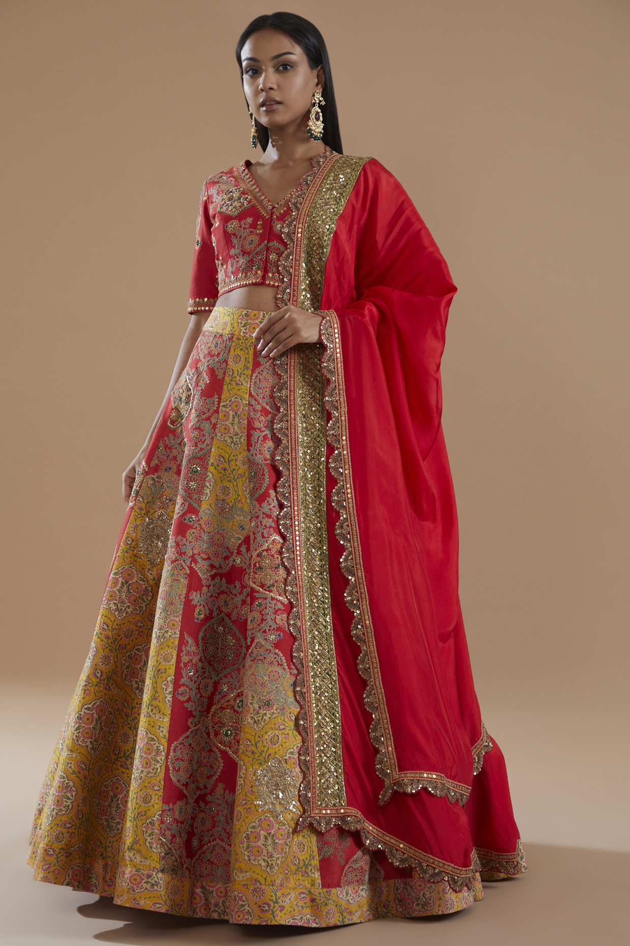 Red Chanderi Printed & Embroidered Lehenga Set by Debyani