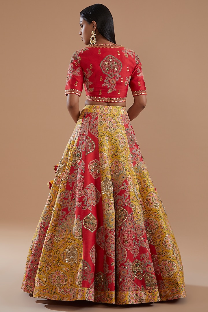 Red Chanderi Printed & Embroidered Bridal Lehenga Set by Debyani at Pernia's Pop Up Shop