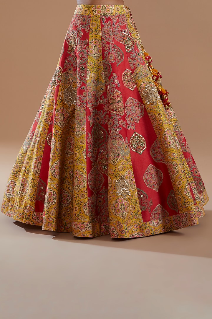 Red Chanderi Printed & Embroidered Bridal Lehenga Set by Debyani at Pernia's Pop Up Shop