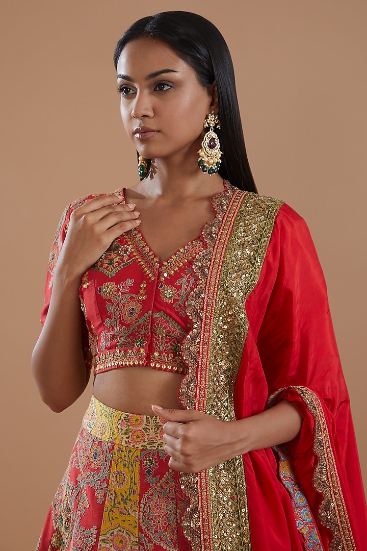 Red Chanderi Printed & Embroidered Bridal Lehenga Set by Debyani at Pernia's Pop Up Shop