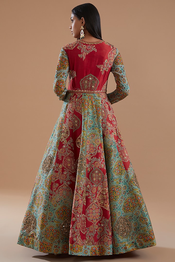 Red Chanderi Embroidered & Printed Bridal Anarkali Set by Debyani at Pernia's Pop Up Shop
