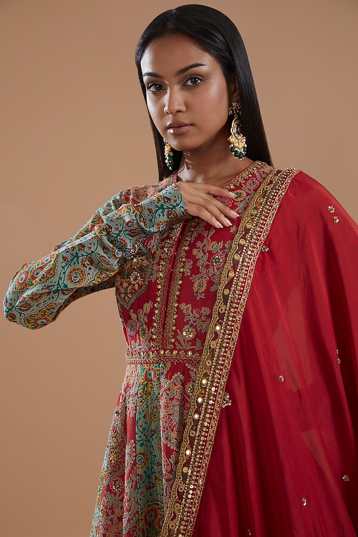 Red Chanderi Embroidered & Printed Bridal Anarkali Set by Debyani at Pernia's Pop Up Shop