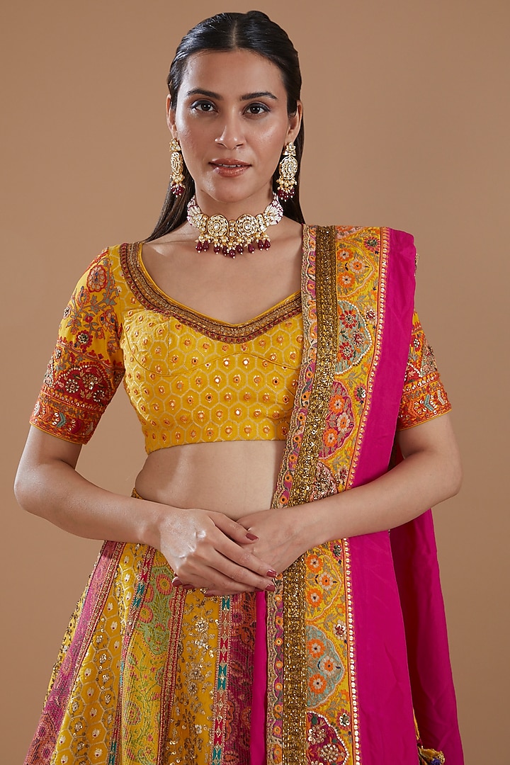 Yellow Chanderi Embroidered Bridal Lehenga Set by Debyani at Pernia's Pop Up Shop