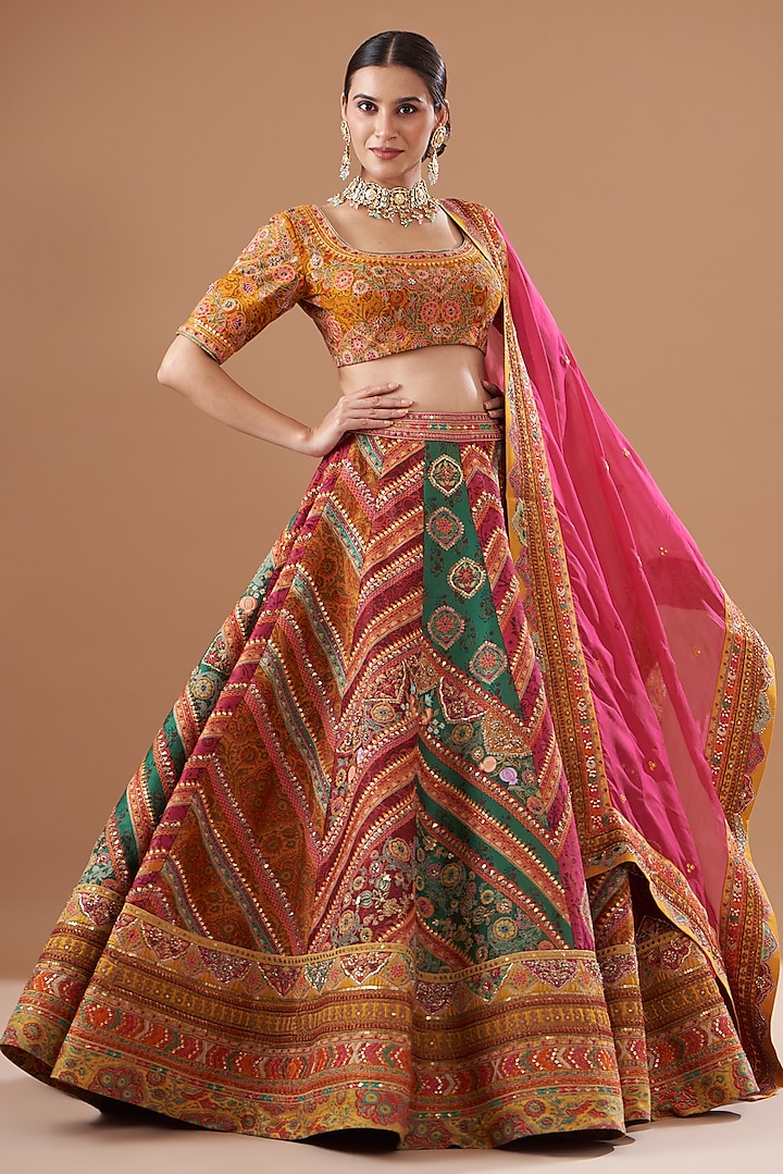 Multi-Colored Chanderi Silk Embroidered Lehenga Set by Debyani