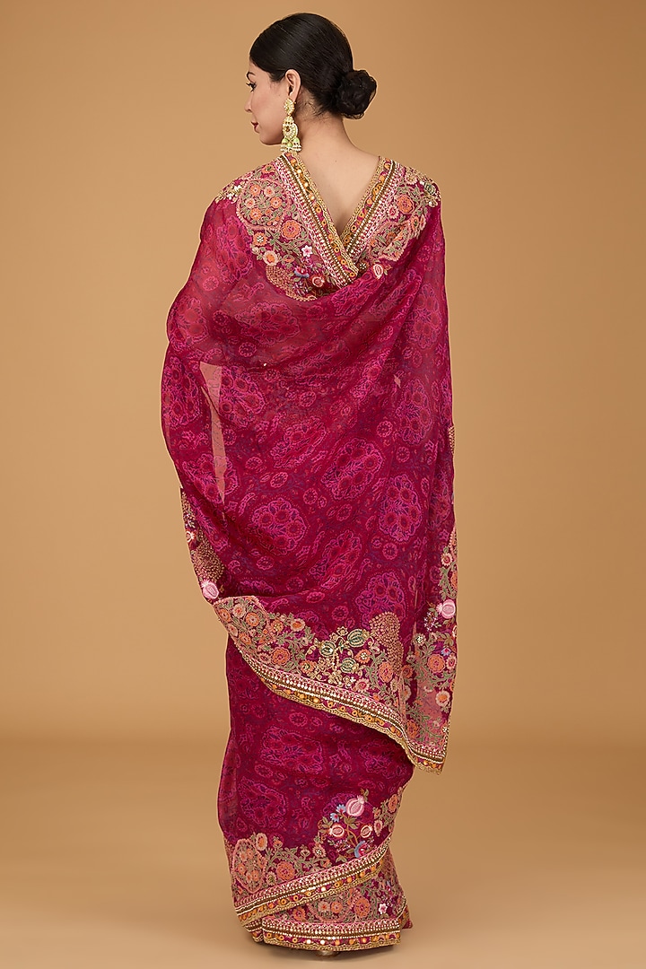 Magenta Organza Thread Work Reception Saree Set by Debyani at Pernia's Pop Up Shop