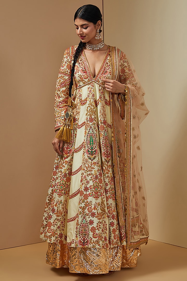 Ivory Chanderi Kalidar Anarkali Set by Debyani