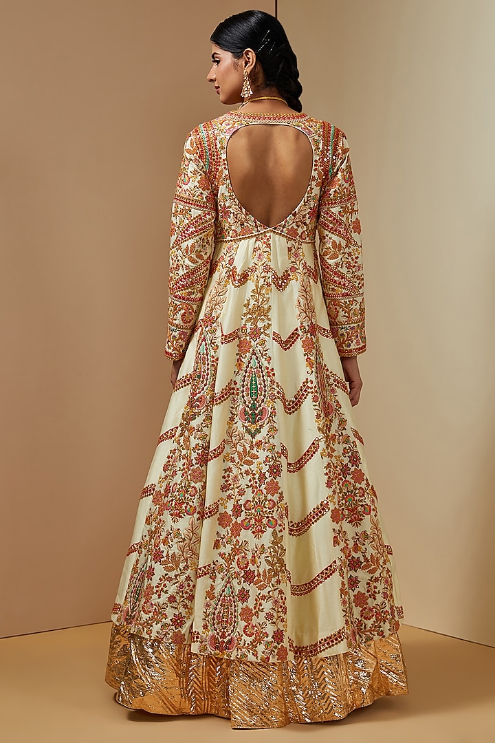 Ivory Chanderi Kalidar Bridal Anarkali Set by Debyani at Pernia's Pop Up Shop