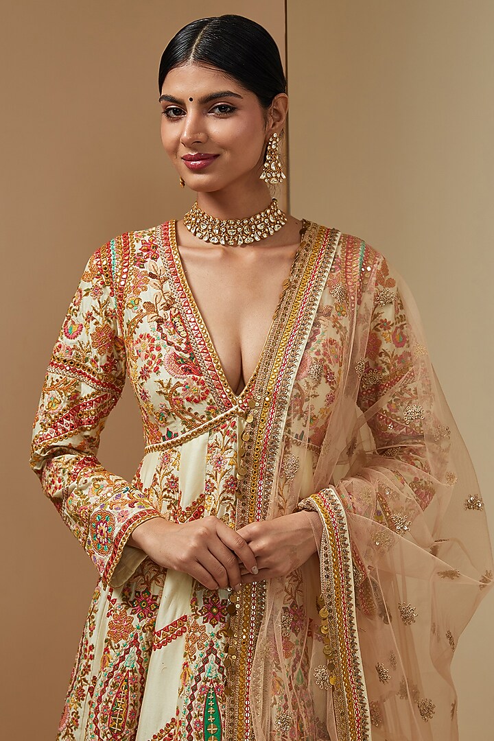 Ivory Chanderi Kalidar Bridal Anarkali Set by Debyani at Pernia's Pop Up Shop