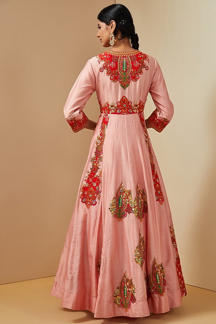 Pink Chanderi Kalidar Bridal Anarkali Set by Debyani at Pernia's Pop Up Shop
