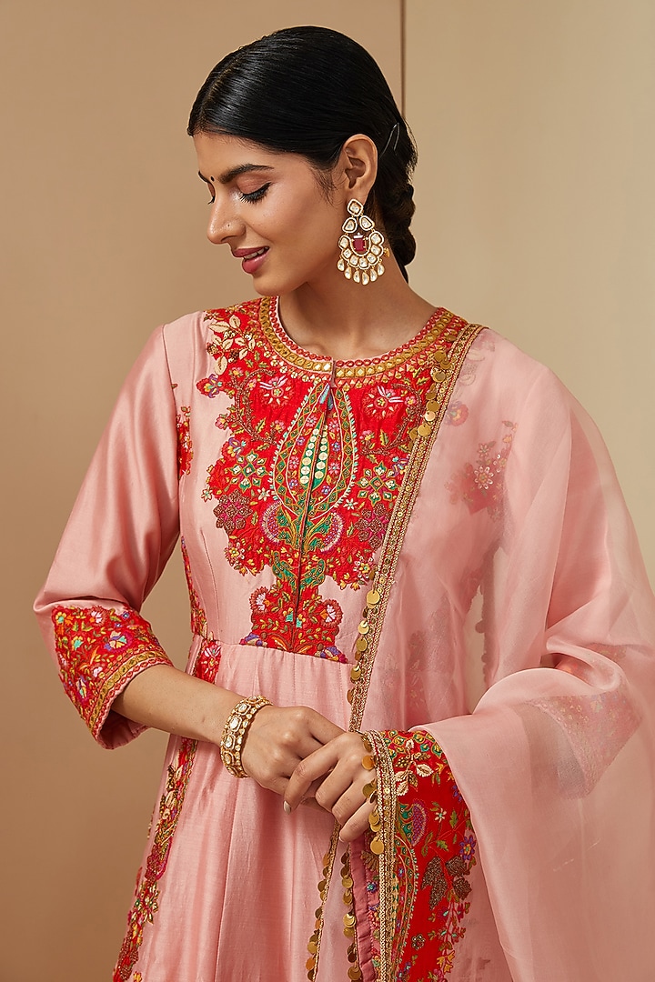 Pink Chanderi Kalidar Bridal Anarkali Set by Debyani at Pernia's Pop Up Shop