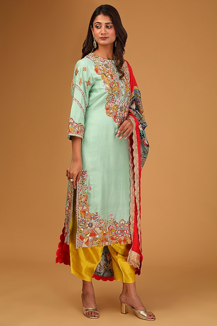 Pista Green Silk Embroidered Kurta Set by Debyani at Pernia's Pop Up Shop