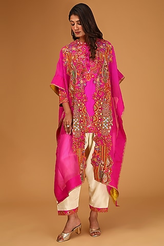 Magenta Organza Silk Embroidered Cape Set by Debyani
