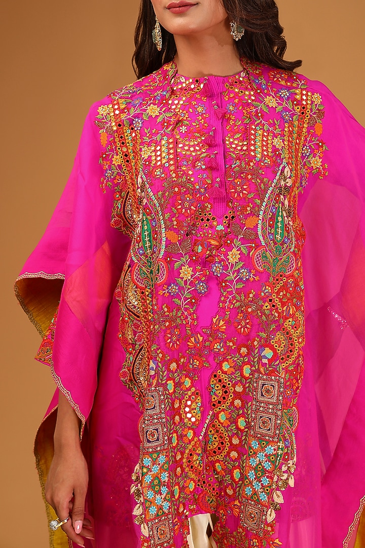 Magenta Organza Silk Embroidered Cape Set by Debyani at Pernia's Pop Up Shop