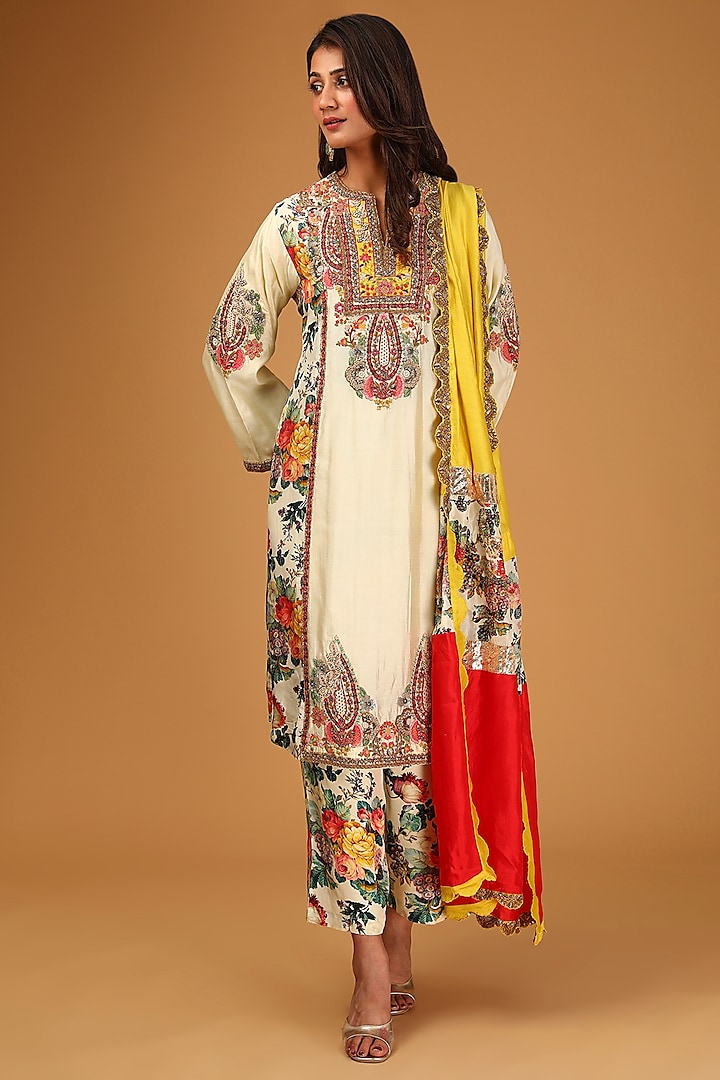 Ivory Silk Printed & Embroidered Choga Kurta Set by Debyani at Pernia's Pop Up Shop